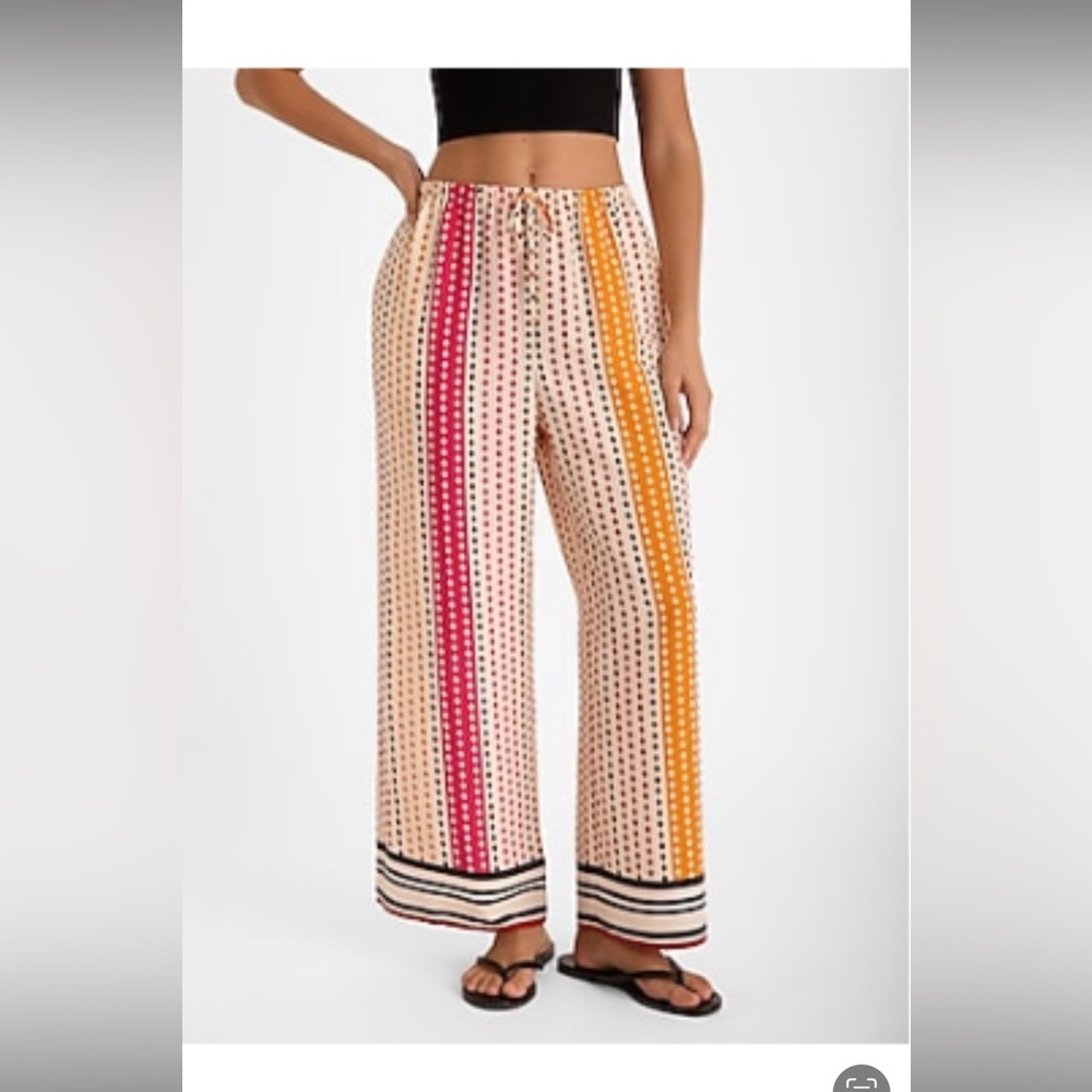 Express Women’s Pants Size L Printed Satin High Waisted Wide Leg Ankle Pants
